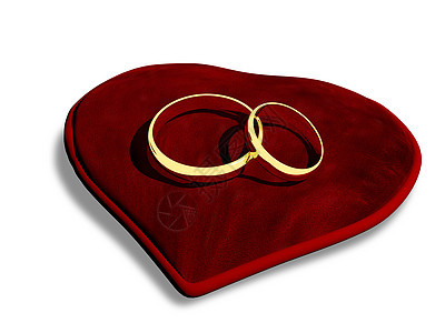 红垫子上的结婚戒指金子丈夫天鹅绒妻子枕头金属红色联盟婚姻宝石图片
