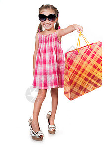 带购物袋的可爱小女孩童年工作室乐趣女性女孩们孩子孩子们购物者顾客展示图片