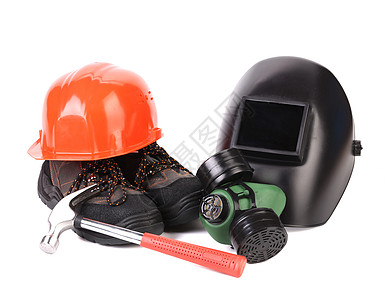 各种保护设备齿轮结构性黑色焊接盔甲安全锤子帽子工业面具图片