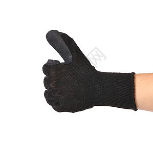 用黑色橡皮手套举起拇指工作药品卫生家务工具橙子安全工作服材料织物图片