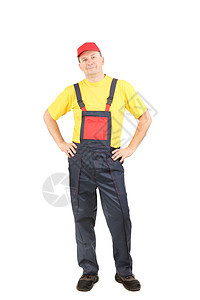 男人穿着工作服 手放在臀部工具蓝色建筑工作服务管道员工职业安全帽橙子图片