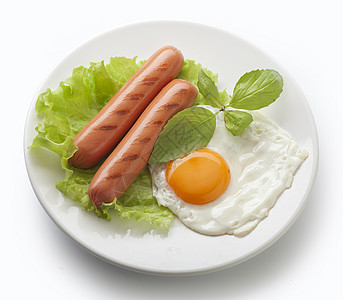香肠和煎蛋绿色食物早餐白色油炸盘子背景图片