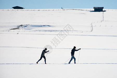 跨国家滑雪者在露天大雪中滑雪成年人踪迹寒意乐趣国家蓝色天空农村越野娱乐图片