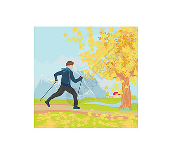 北欧步行  活跃男子户外运动树叶训练娱乐力量男人叶子男生生活方式孩子山脉图片