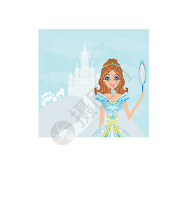 美丽的公主 她手上有镜子的镜像故事女孩乐趣漩涡海报娘娘腔项链蓝色女王戏服图片
