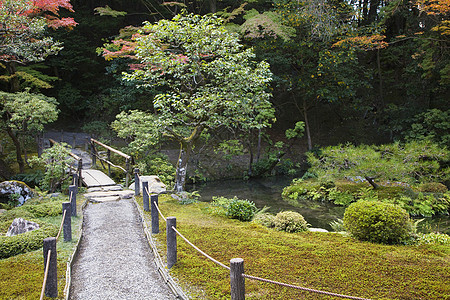 日本京都天juan寺院花园 有人行道和桥梁池塘文化花园风景场景人行道图片