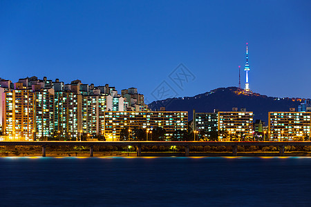 首尔市夜间建筑学建筑地标住宅风景公吨住房景观城市场景图片