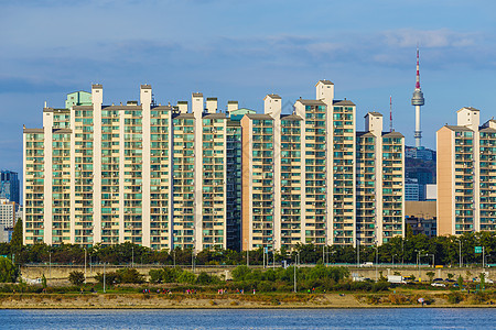 韩国首尔市风景天空地标城市住宅景观场景公吨晴天团伙天际图片