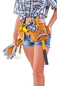 美丽女性工人的身体 白色背景上工具的女工图片