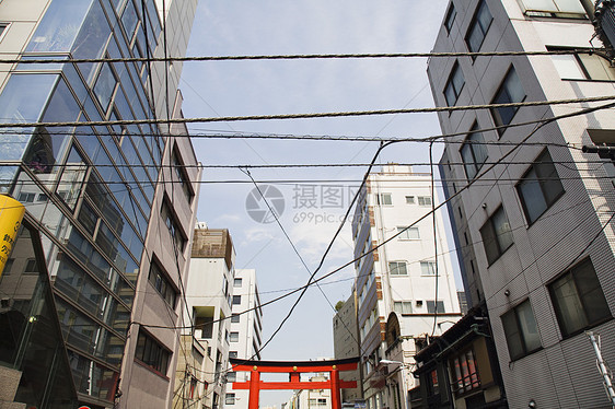 多层楼间电线和托里门的多层大楼之间线路高楼城市生活景观大都会风光文化摩天大楼场景电源线图片