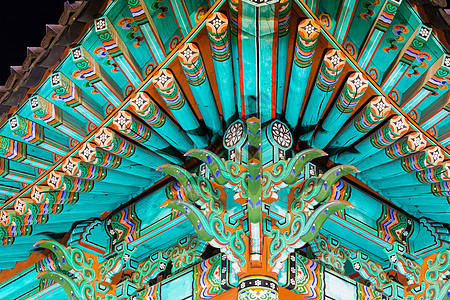 木制建筑传统油漆 dancheong寺庙雕塑装饰品丹青房子建筑学蓝色文化古董历史图片