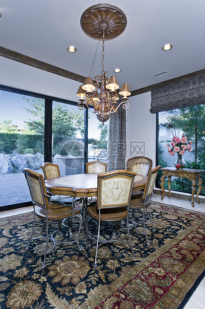 室内餐厅房间地毯桌子椅子橱窗内饰奢华建筑学花朵饭厅枝形图片