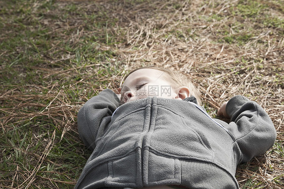男孩在草地高角观下午睡图片