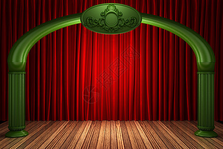 舞台上的红织布窗帘展示歌剧娱乐画廊天鹅绒仪式风格宣传木头出版物图片