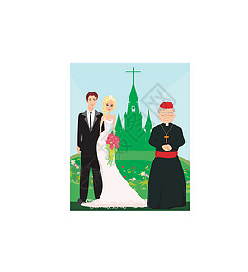 结婚夫妇和牧师 在教堂前面的教堂前图片