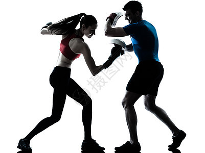 教练男人女人行使 boxe 剪影图片