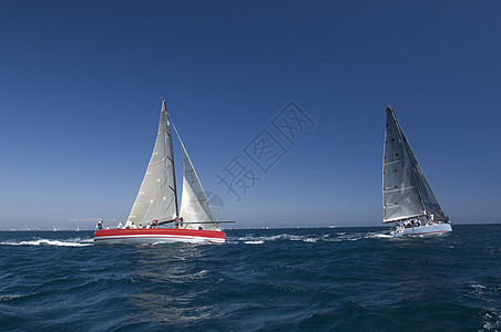 两艘游艇在加利福尼亚州队帆船赛海洋天空日光赛车竞技水车比赛运动海况蓝天图片
