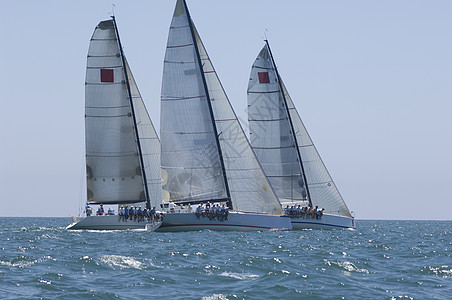 三艘游艇参加加利福尼亚州队帆船赛对抗帆船航海水车天空人员地平线悬念比赛运动图片