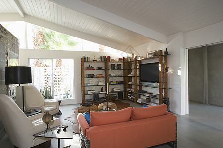 现代家庭客厅的视野展柜贮存沙发水平电视露台房子财产天花板货架图片