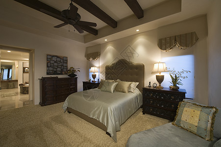 在宽敞的卧室里双张床铺着丝绸罩 家里有梁天花板图片