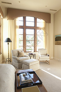 室内奶油起居室窗户窗顶的太阳线地板至天花板图片