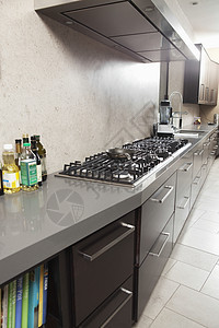 黑暗木制厨房银色卫生食谱不锈钢烤箱台面排气扇餐饮业黑木餐饮图片