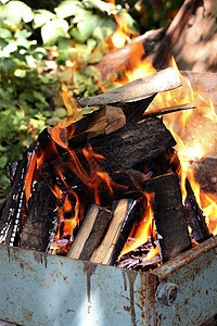 在夏花花园露天燃烧营火花园火焰壁炉野餐烧伤煤炭篝火图片