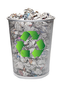 在白色背景上回收垃圾箱 堆满折叠纸绿色静物影棚废物对象标志材料环境问题国际容器图片