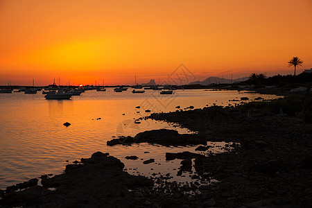 伊比扎埃斯韦德拉的伊斯坦德和平日落太阳假期旅行海滩橙子海岸支撑旅游小岛地标图片