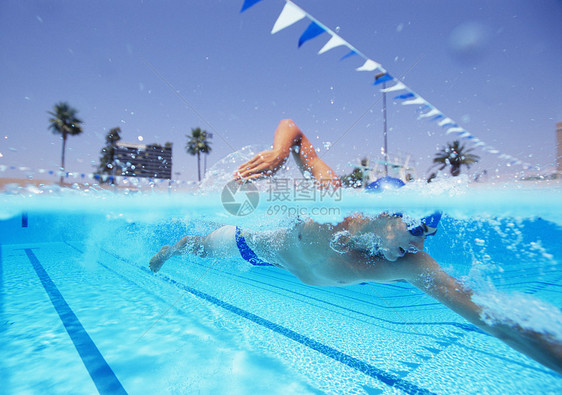 在游泳池游泳的年轻男性运动员图片