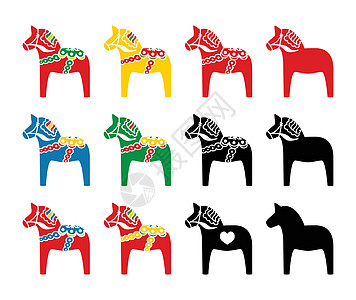 瑞典达拉马马矢量图标集玩具蓝色手绘动物传统艺术装饰品纪念品民间插图图片