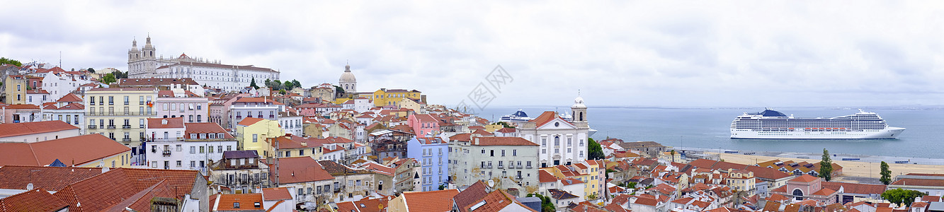 葡萄牙里斯本房屋和港口的全景Panorama建筑学纪念碑景观明信片市中心教会旅行地标建筑首都图片