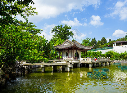花园中传统的中国文化馆入口石头房子池塘建筑寺庙植物天空蓝色图片