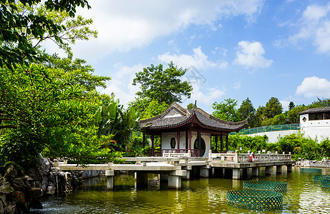 传统中华馆入口建筑植物蓝色寺庙房子石头花园池塘天空图片