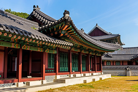 韩国传统建筑朝鲜传统建筑寺庙绿色花园天空雕塑建筑学历史蓝色房子植物图片