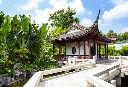 花园中传统的中国文化馆植物建筑房子蓝色入口小路天空人行道寺庙池塘图片