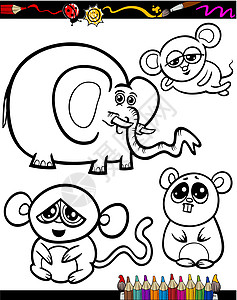 用于配色书的卡通动物教育吉祥物孩子们填色老鼠快乐黑与白彩页闲暇仓鼠图片