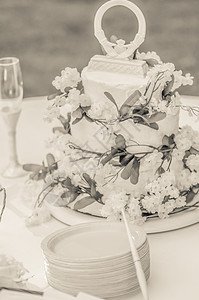 晚宴时白色婚礼蛋糕的特写细节螺旋漩涡礼帽花瓣香草派对食物沙漠甜点玫瑰图片