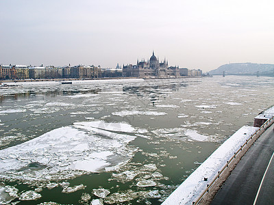 匈牙利议会和多瑙河冰河多瑙河旅行建筑学地标蓝色流动建筑旅游景观城市首都图片