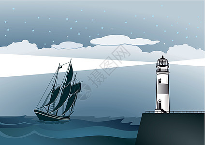 带灯塔和帆船的海岸图片