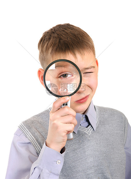 带卢比的男孩男性科学家眼睛探险家镜片孩子白色玻璃研究员童年图片
