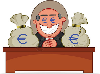 贪婪的老板与金钱袋微笑幸福桌子现金办公室卡通片市场人士工作漫画图片