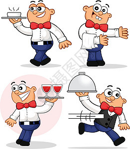 卡通服务员集仆人管家咖啡店插图服务员餐厅领结食物微笑男人图片