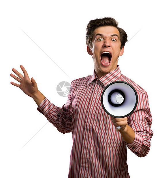 一名年轻人用扩音器喊叫的肖像扬声器放大器公告领导者男人企业公司嗓音情感管理人员图片