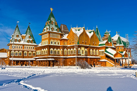 俄罗斯伍德宫殿蓝色绿色博物馆旅行住宅教会木头圆顶白色历史图片