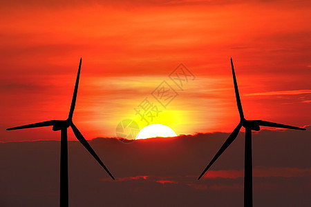 风力涡轮机日出发电机日落橙子黄色金属坡度风车车站技术图片