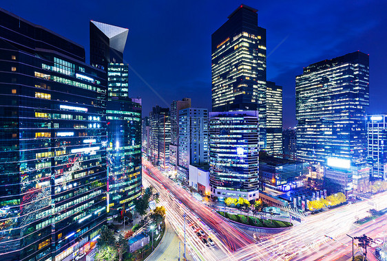晚上首尔江南区交通路口风景住宅金融场景城市建筑摩天大楼踪迹图片