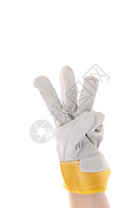手戴手套显示有3个白色工作拳头灰色力量皮革黄色工业手臂工人图片