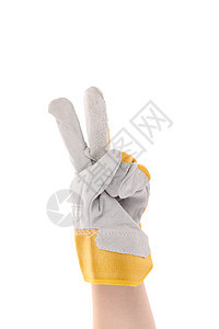 手握手套显示两个白色手指工作灰色男性皮革工人黄色手臂拳头图片