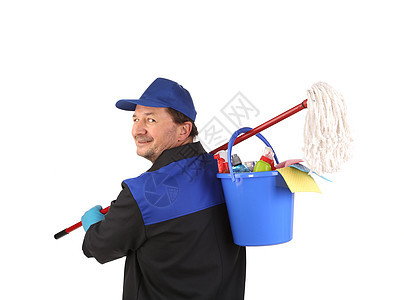 男人拿着清洁用品工人扫帚刷子职业男性乐器工作服女佣工具手套图片